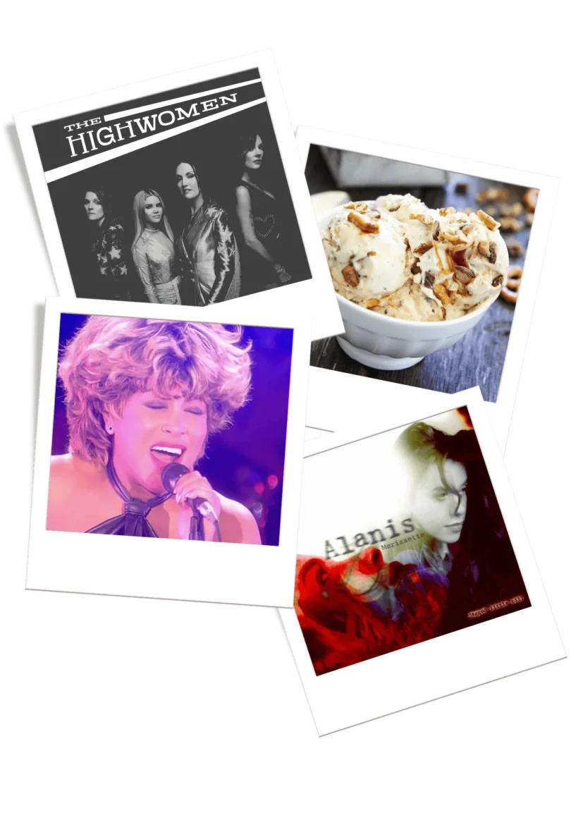 Polaroid-style photos of Brandi Carlisle's The Highwomen, ice-cream, Tina Turner and Alanis Morrisette - Jagged Little Pill