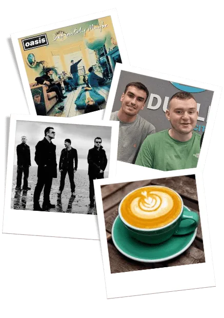Polaroid-style pictures U2, Oasis - Definitely Maybe, Kian & Michael from SportZone and a lovely cup of coffee