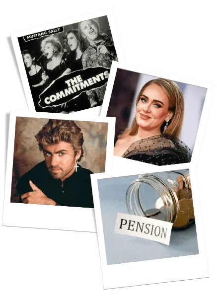 Polaroid-style photos of The Commitments, Adele, George Michael and a jar full of coins with "pension" written on it