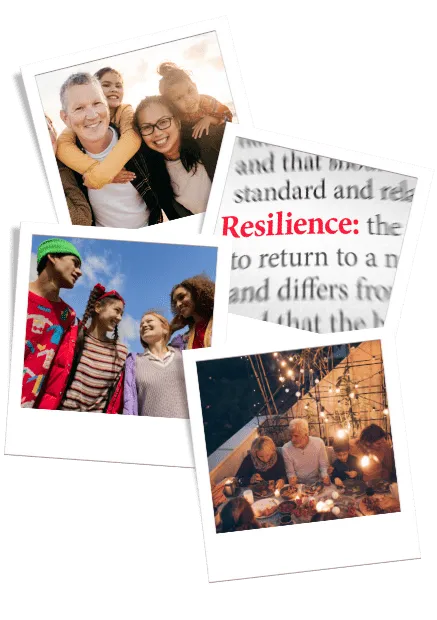 Some polaroid-style photos of different kinds of families and one of the word "resilience" written as part of a book