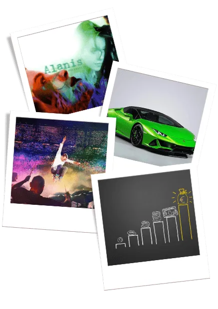 Polaroid-style photos of Alanis Morrisette - Jagged Little Pill, Coldplay, a green Ferrari and chalk-board illustration of increasing savings
